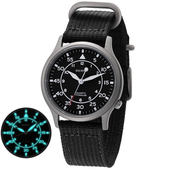 BERNY Titanium Watches for Men, Field Men's watch, Sport Military Analog Quartz Watches with Canvas Strap, Japanese Quartz Movement, 5ATM Waterproof, Super Luminous, Black