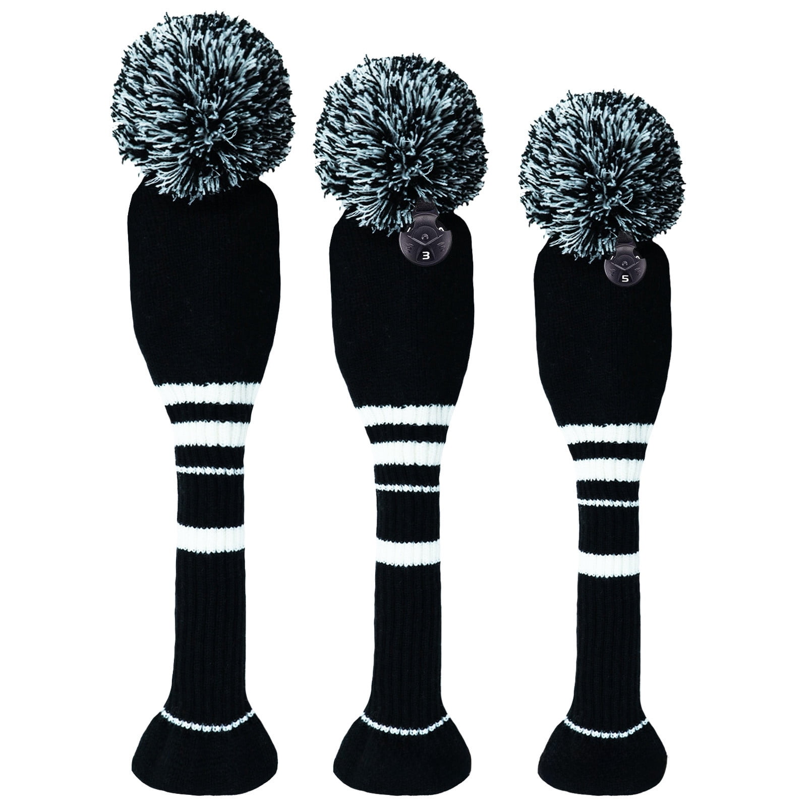 Golf Club Head Covers Set of 3 - Knitted Pom Pom Driver, Fairway & Hybrid Covers - Fits Clubs with Rotating Number Tags - Unisex for Men & Women