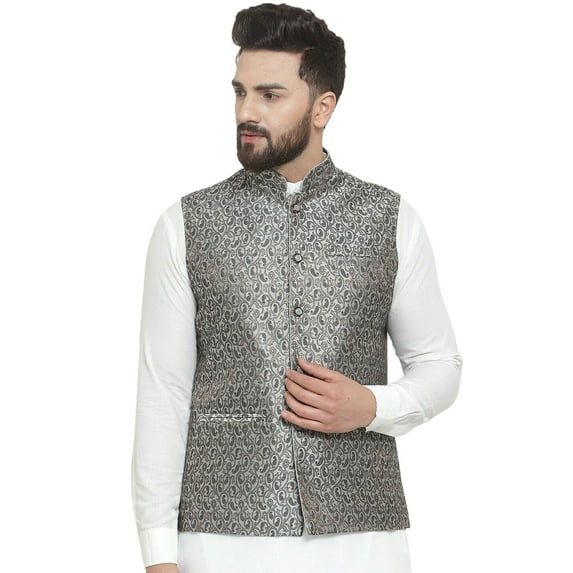 Men Designers Black & Grey Nehru Jacket Indian Traditional Bollywood Style Brocade Woven Embellishe, Size: 46