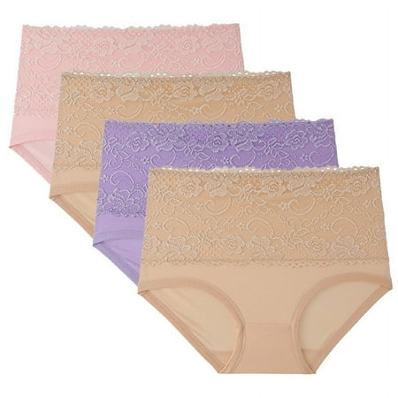 Ohufall Women s Plus Size Briefs Underwear Sexy Solid Color Floral Printed Panty Stretchy High Waist Tummy Control Brief 4-Pack