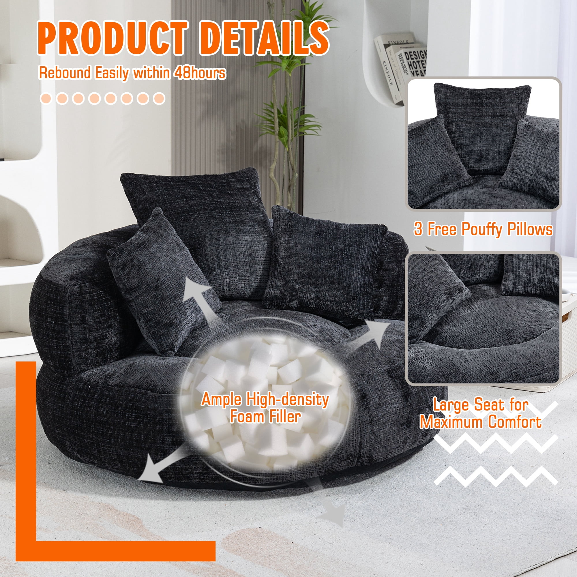 42.5''W Chenille Bean Bag Chairs, Chenille Soft Lazy Sofa Chair, Bean Bag Chair For Adults & Kids To Gaming,Reading,And Watching TV,Living Room, Bedroom,Office Room(Black)