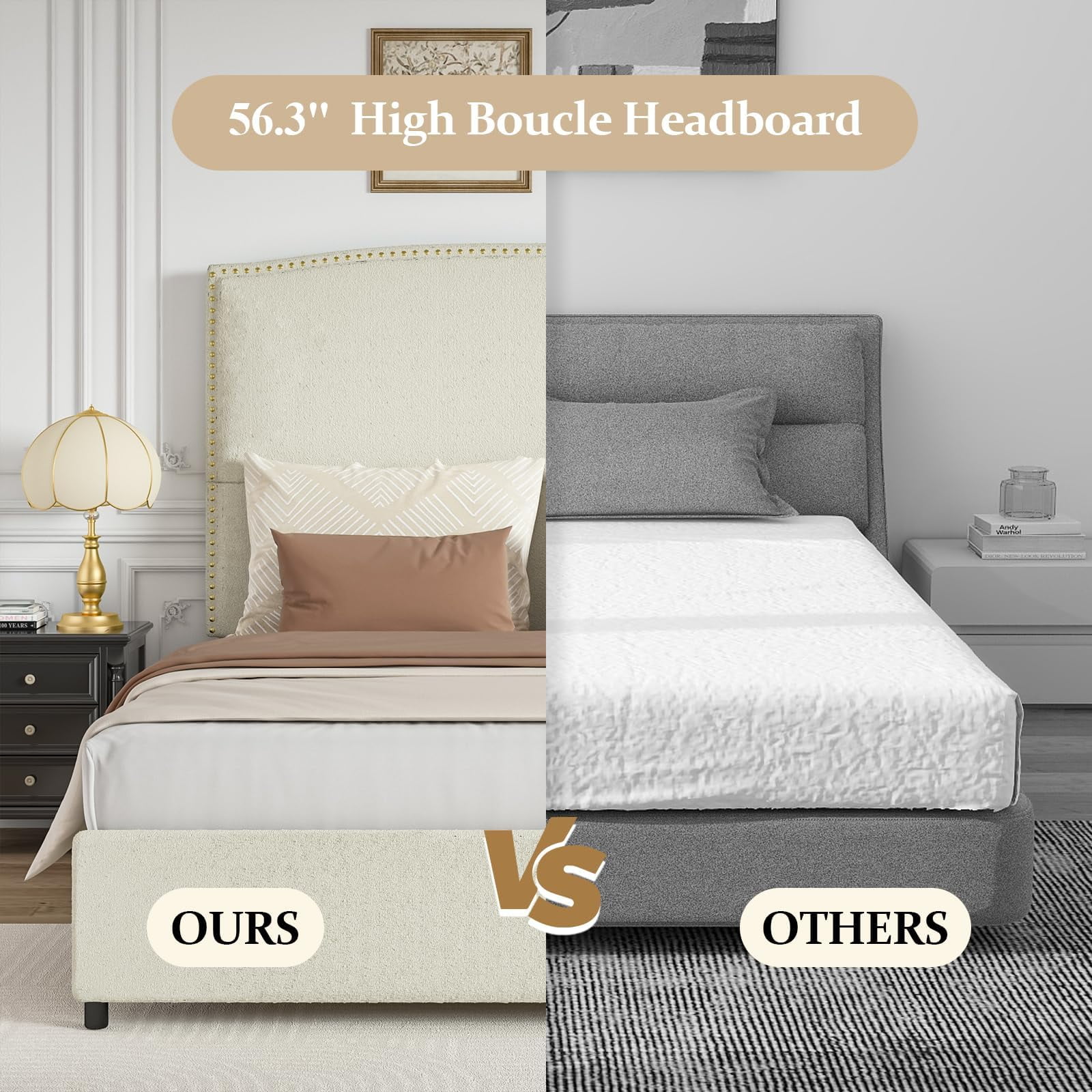 4 EVER WINNER Queen Bed Frame with 56" Tall Headboard, Queen Size Bed Fwith Nailhead Trim Headboard, Queen Upholstered Platform Bed, Beige