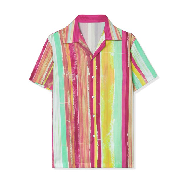 INSPIRE CHIC Camisas de bloque de color con cierre de botones y mangas cortas con estampado de rayas de verano para hombre Rojo amarillo XL