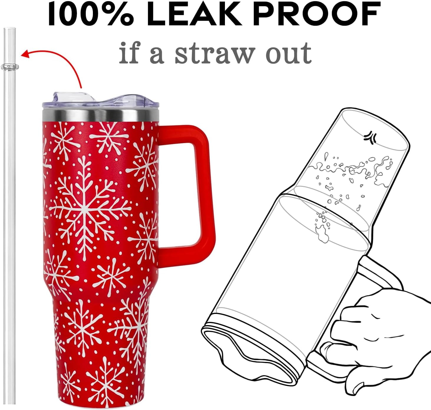 Christmas Tumbler with Handle and Straw Lid 40 oz,Cute Christmas Gifts for Women Red Snowflakes Vacuum Insulated Leak Proof Tumbler,Winter Holiday Accessories Stainless Steel Coffee Cup Mug