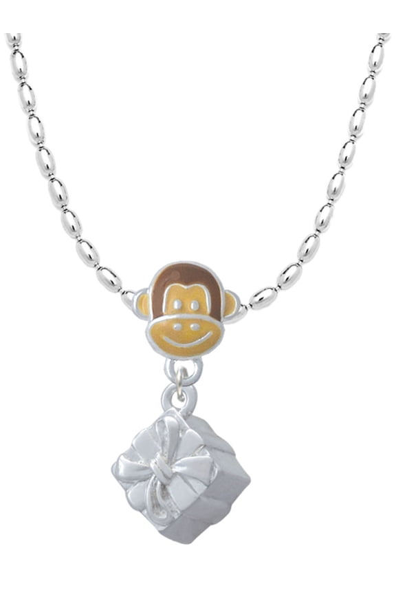 Silvertone 3-D Present Box with Bow and Crystal Mia Monkey Charm Necklace