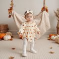 thumbnail image 3 of RUINIXCW Newborn Baby Girl Halloween Outfit Smocked Bubble Romper Infant Baby Girl Fall Clothes Pumpkin Print Long Sleeve Bodysuit Jumpsuit Headband, 3 of 10