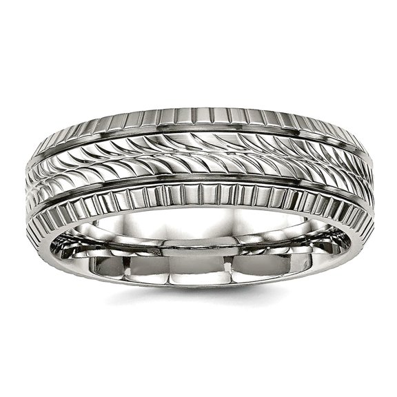 6mm Stainless Steel Polished Grooved and Textured Ring Size 10 Ring for Women