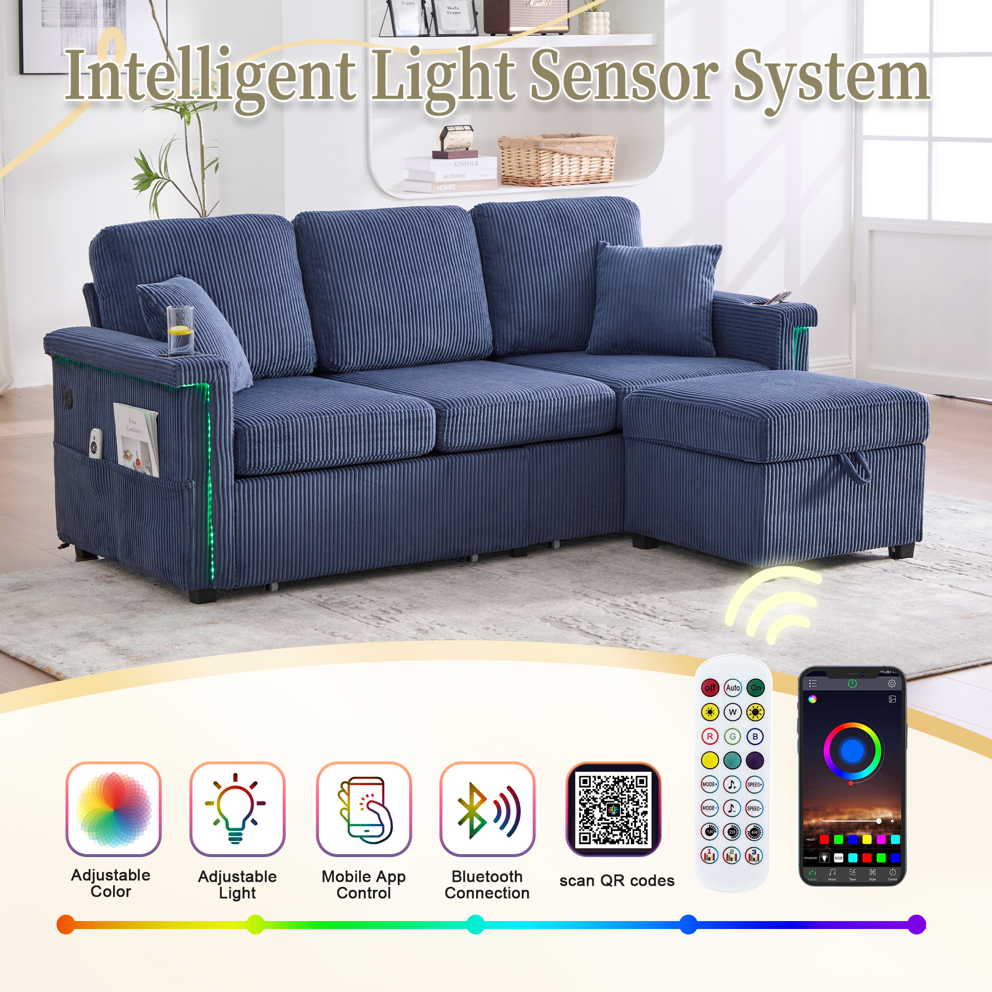 MOONMISS Corduroy Upholstered L-shaped Pull-Out Storage Sectional Sofa with Storage Ottoman,USB Charging,Cup Holder-Navy Blue