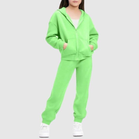 BRGZLK Girls Sweatsuit 2Pcs Outfits Solid color Jacket Zipper Long Sleeved Hooded Sweatshirt and Leg Tied Sweatpants Casual Jogger Sets Mint Green 12-13 Years
