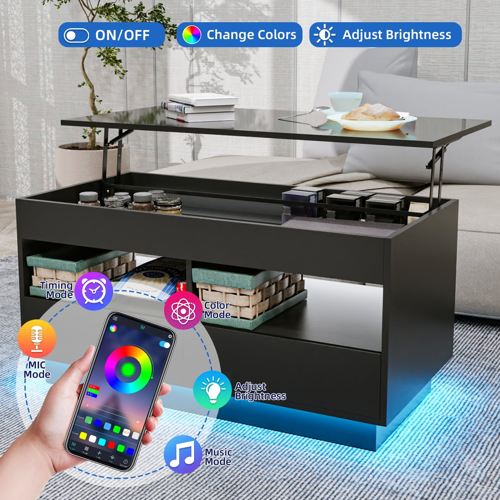 Hommpa Lift Top Coffee Table with LED Light 4 Tier Modern Center Tables with 2 Storage Drawers Hidden Compartment Open Shelves for Living Dining Room