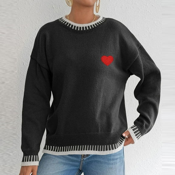 EchfiProm Sweaters for Women Black Valentine Pullover Winter Casual Crewneck Long Sleeve Adults Outfits Heart Print