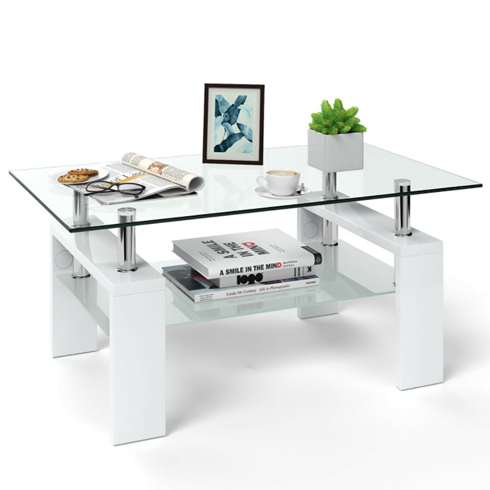 Finihen Glass Coffee Table, Rectangular Coffee Table, Rectangular Tempered Glass Coffee Table End Side Table with Shelf, for Living Room, Reception Room, White Finihen Glass Coffee Table, Rectangular Coffee Table, Rectangular Tempered Glass Coffee Table End Side Table with Shelf, for Living Room, Reception Room, White