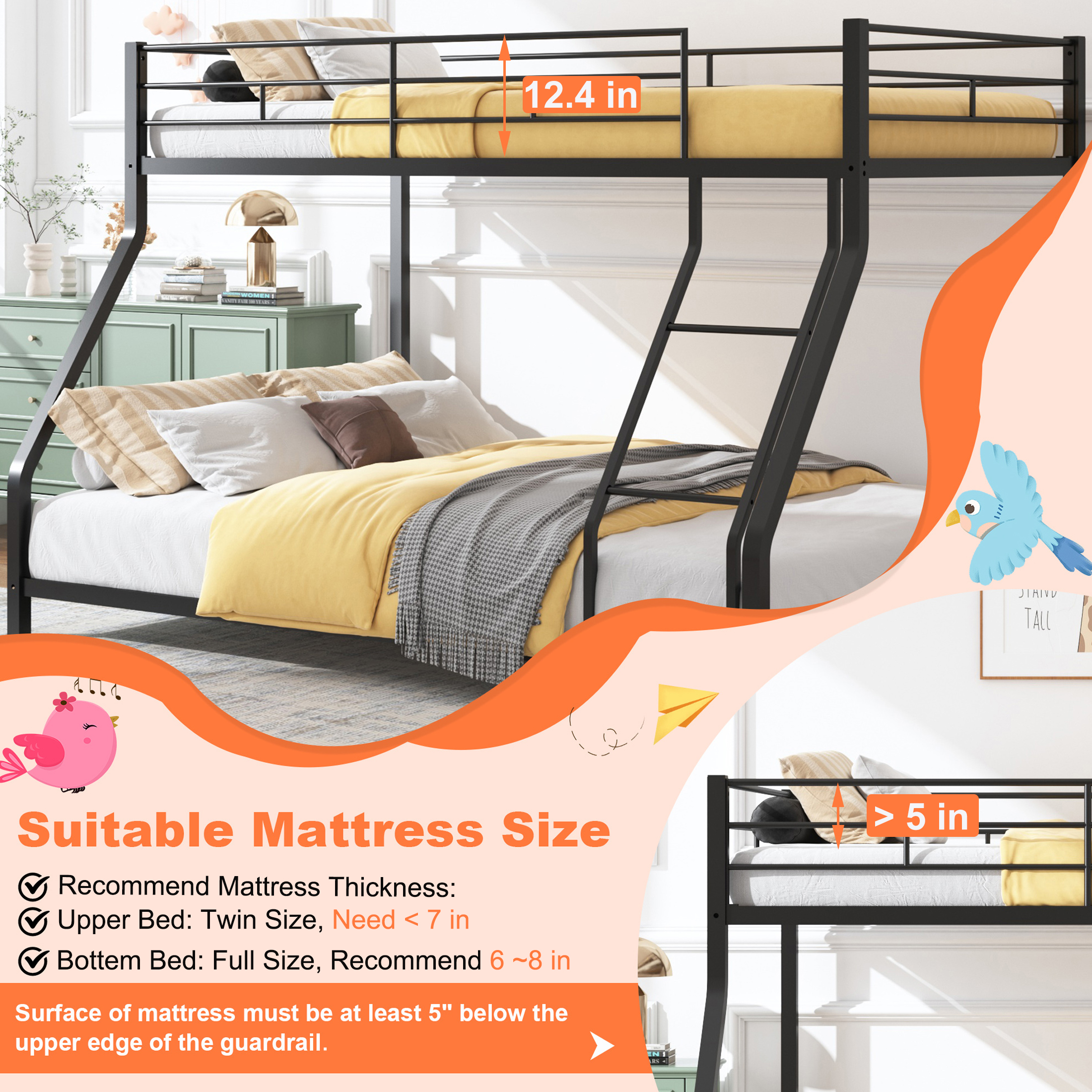 Bunk Beds Twin over Full Size, LEGAHOME Metal Bunk Beds for Kids, Twin Over Full Kids Bunk Bed with Full-Length Guardrail, for Adults Dorm Bedroom Guest Room, No Box Spring Needed, Black
