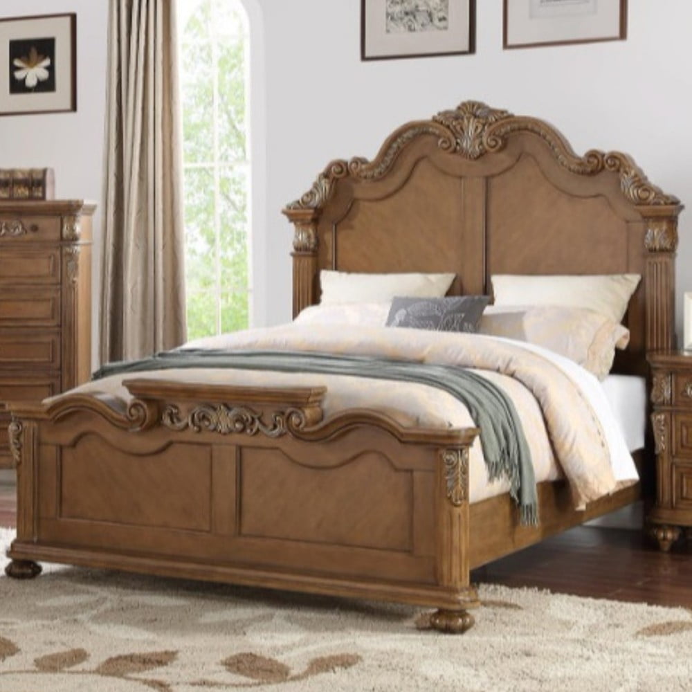 Splendidly Carved Queen Wooden Bed Light Brown And Veneer Finish Splendidly Carved Queen Wooden Bed Light Brown And Veneer Finish Com