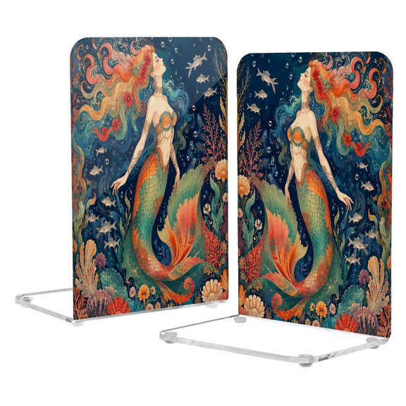 2Pack Acrylic Bookends Clear L-Shaped Book Holders with Non-Slip Pads Sturdy Durable Book Stoppers for Shelves, Office, School, Library, Home Desk Decor Bohemian Mermaid Sea Decor