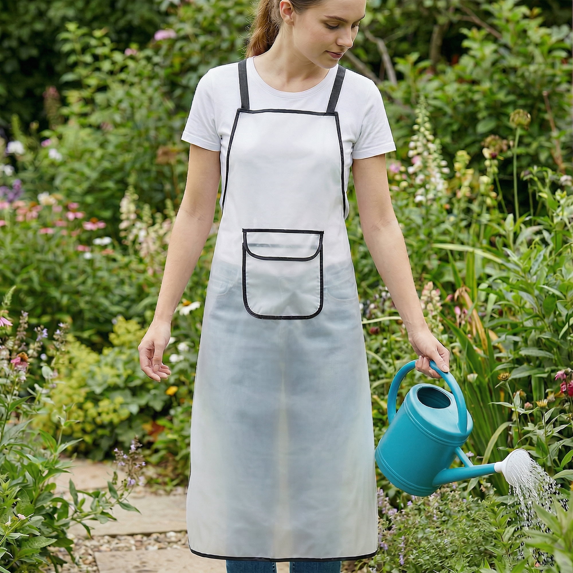 Unique Bargains Waterproof Kitchen Apron with Pockets for Home and Kitchen Long - White