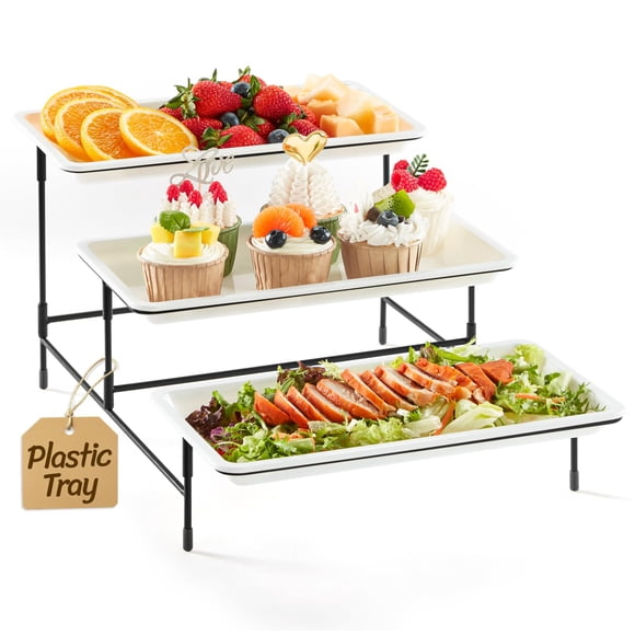 Lifewit 3 Tier Serving Tray, 30 x 17 cm/12 x 6.5 White Plastic Tiered Food Serving Platters, Tiered Tray Stand for Party with Black Collapsible Metal