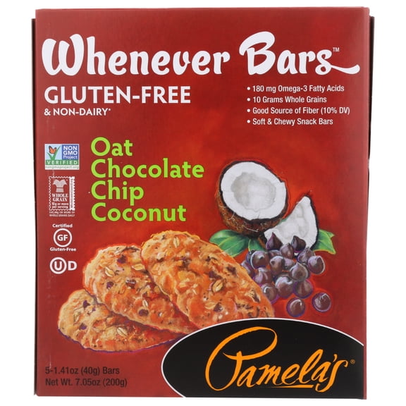 Pamelas Products, Oat Chocolate Chip Whenever Bars, Coconut, 5 bars each 1.41 oz