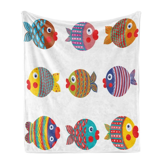 Funny Soft Flannel Fleece Throw Blanket, Puffers Toadfish Colorful Childish Fish Family with Folk Patterns Children Nursery, Cozy Plush for Indoor and Outdoor Use, 50" x 60", Multicolor, by Ambesonne