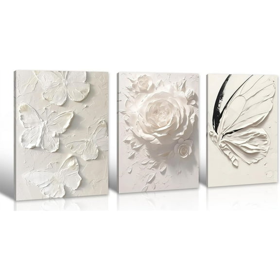 FCCUYE Modern 3D Butterfly Wall Art Set of 3, Textured Canvas Painting Prints for Nursery, Bedroom, Bathroom, Contemporary Abstract Flower Home Decor, 12x16 Inches