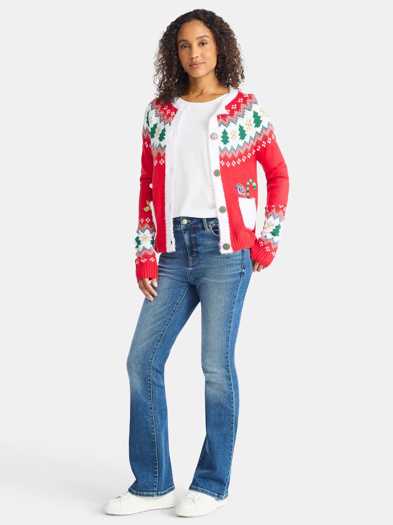 Women's Embellished Button Front Christmas Cardigan from Holiday Time, Sizes XS-XXXL