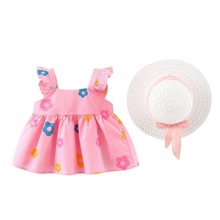 

EHTMSAK Infant Baby Toddler Children Girl 2PCS Sleeveless Clothing Set Floral and Set Summer Ruffle Outfits with Sun Hat Pink 6M-3Y 90=8