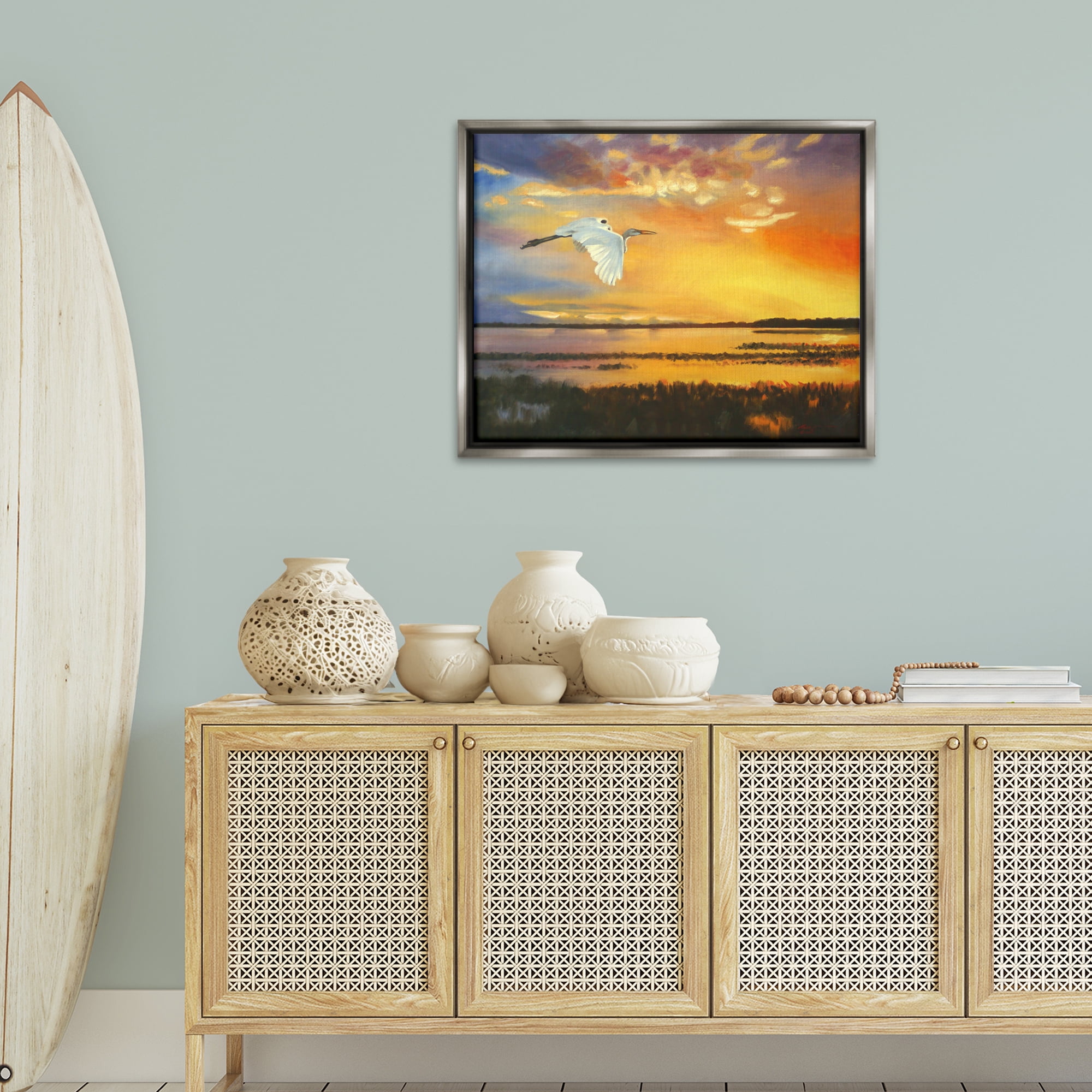 Stupell Industries Bird over Sunlit Pond Landscape Painting Gray Floater Framed Canvas Art Print Wall Art, 31 x 25