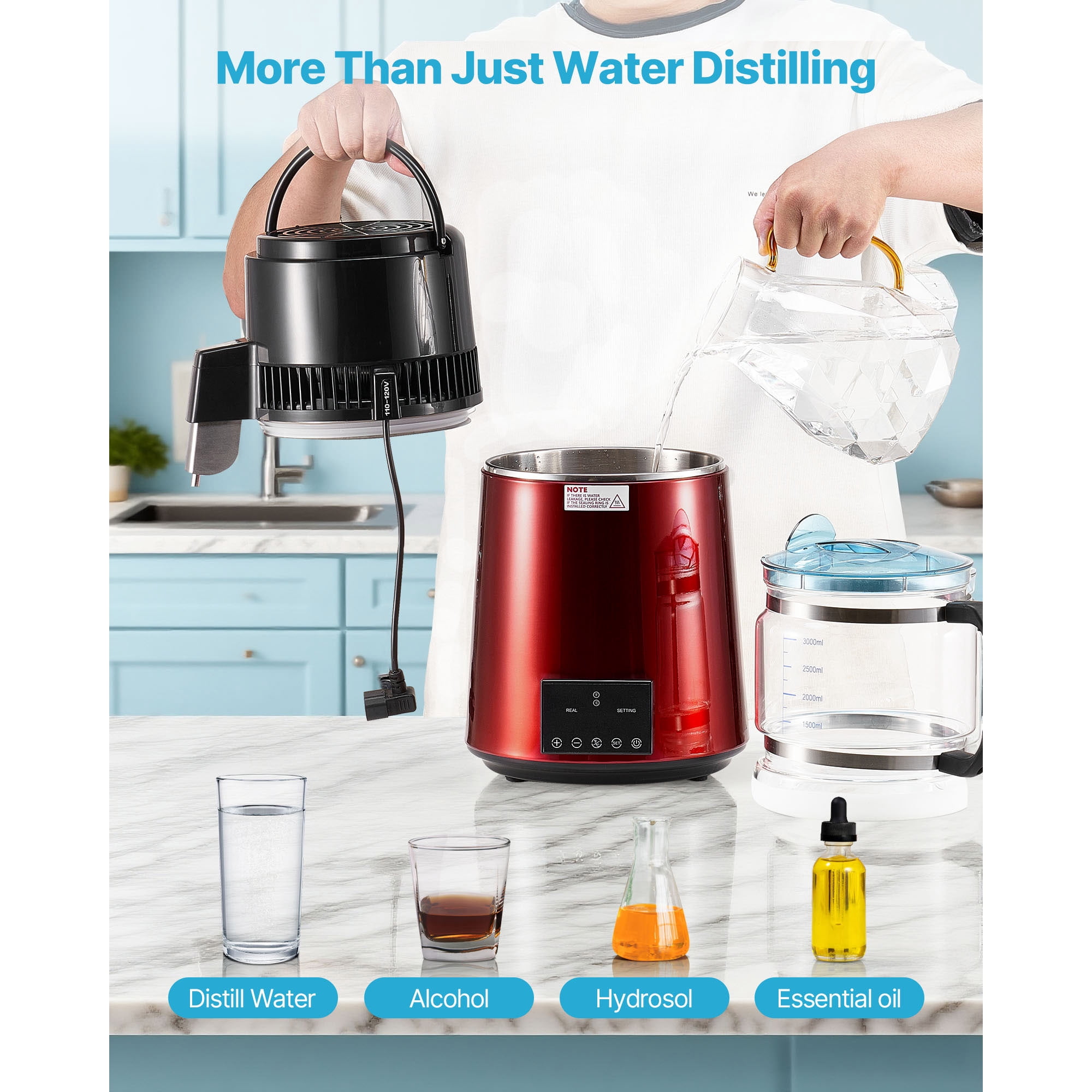 KFFKFF 4L 1.1 Gallon Water Distiller for Home Use, 1750W Countertop Purifier with Glass Container, Stainless Steel Interior for Producing Clean Drinking Water, Red