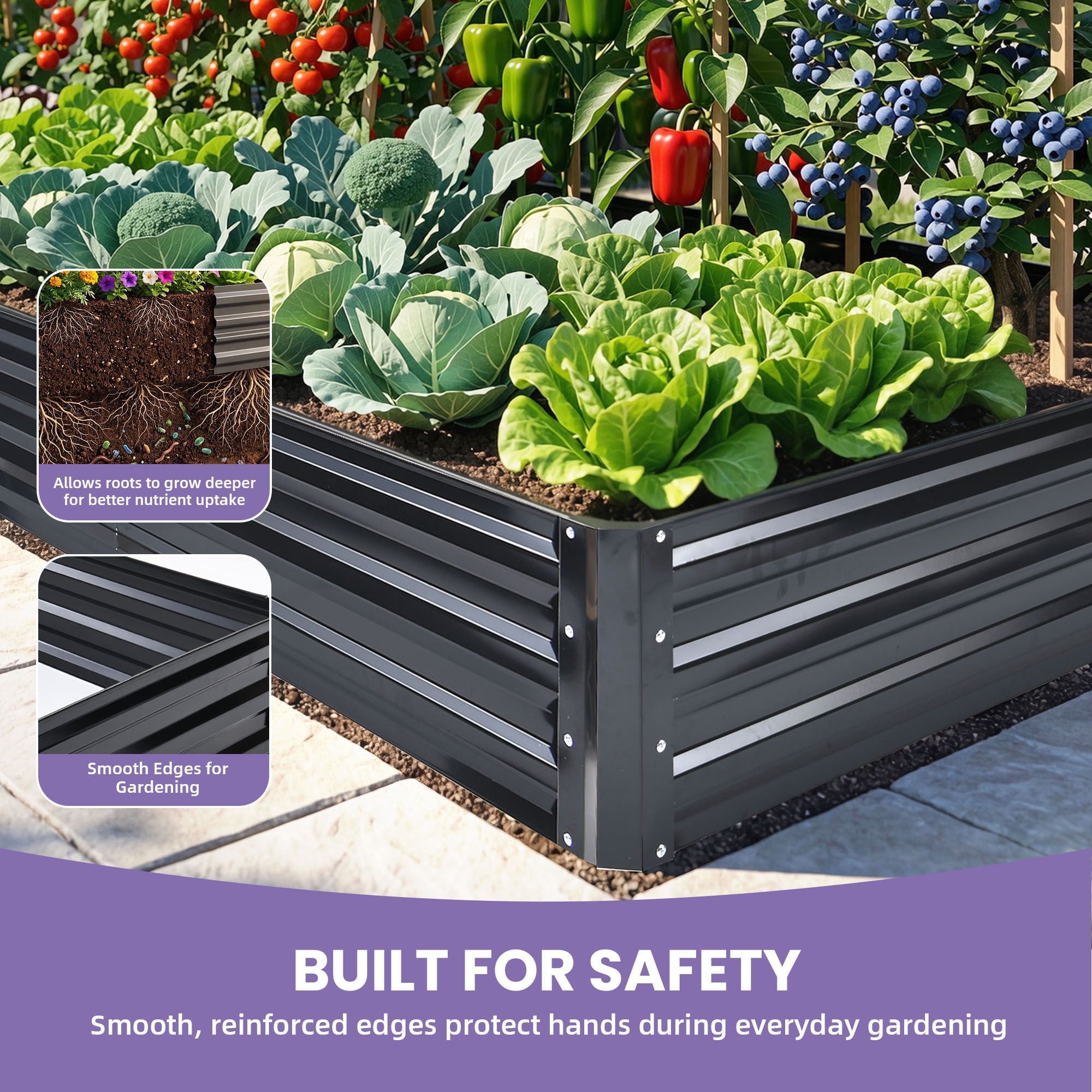 Uforic 12X4X1FT 1 Pack Galvanized Metal Raised Garden Bed Kit with Safety Rubber & Gardening Gloves, Outdoor Large Planter Box for Vegetables Flowers Herbs Fruits, Black