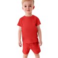 thumbnail image 4 of HAOTAGS Toddler Boys Girls Comfortable 2 Piece Short Sets Solid Color Short Sleeve T-shirt with Matching Shorts Set Red Size 9-10 Years, 4 of 9