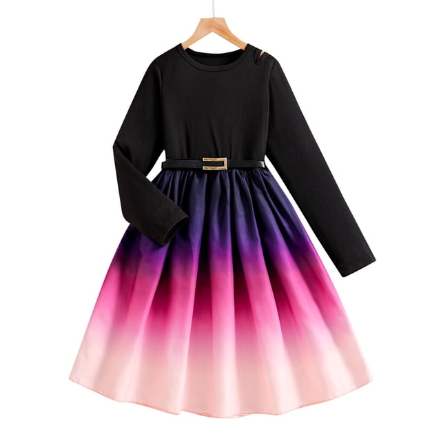 AQUARIVE Robes pour Enfants Filles 2 Pcs Robe d'Été Imprimée Dégradée Manches Longues Col Rond avec Ceinture Robe Décontractée pour Enfant Multicolore 10-11 T