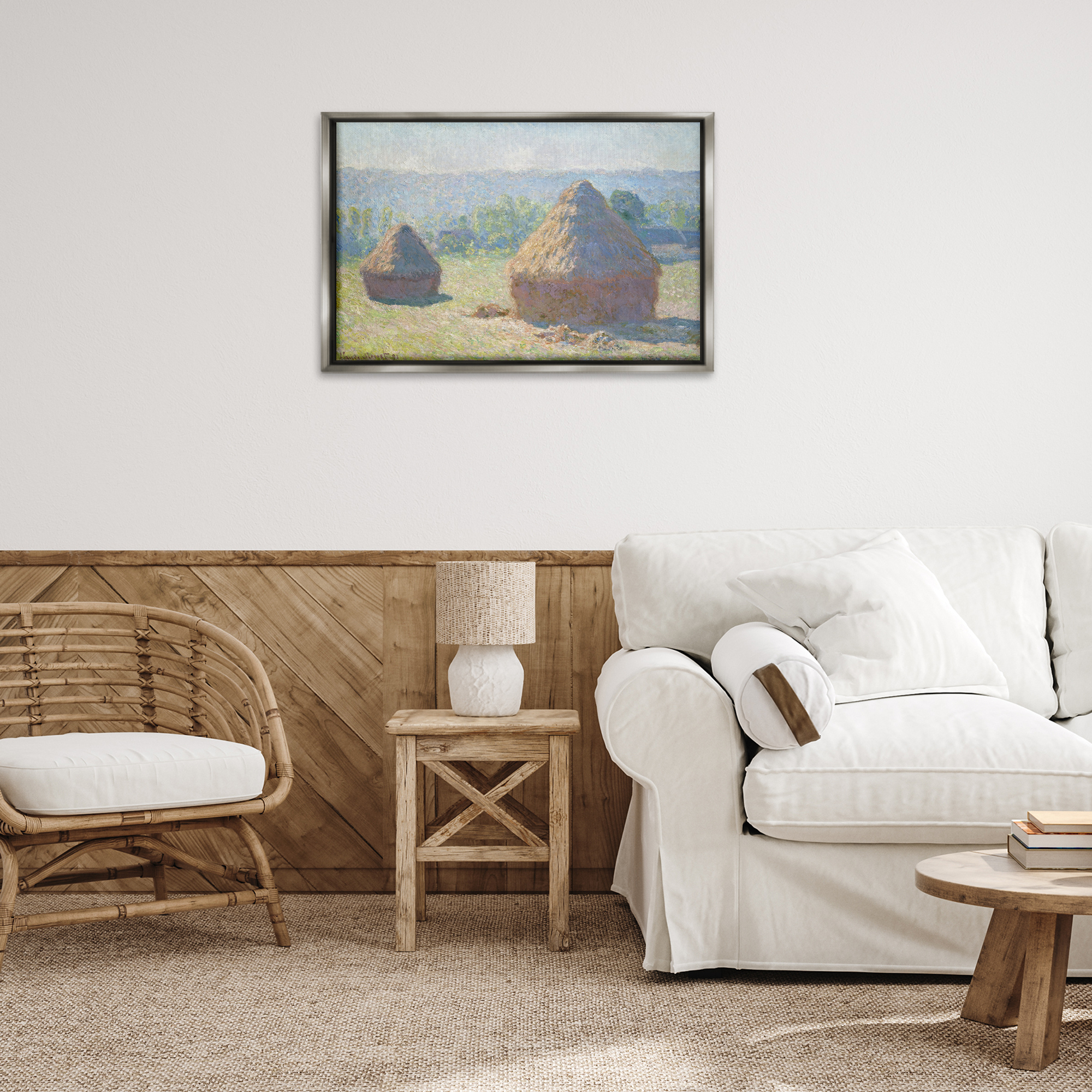 Stupell Industries Classic End Of Summer Haystacks Landscape & Nature Painting Gray Floater Framed Canvas Art Print Wall Art, 31 x 21
