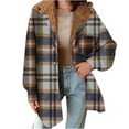 thumbnail image 2 of Gnurob Women Jacket Fleece Fuzzy Shacket Flannel Plaid Coats Button down Outerwear Color Block Jackets Cozy Hooded Tops Fashion Fall Winter 2024 OutfitsClearance Saving,A05-Khaki,Large, 2 of 6