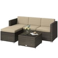 thumbnail image 1 of 3 Piece Outdoor Patio Furniture Set, PE Rattan Wicker Conversation Corner Sofa, Ottoman and Glass Top Coffee Table with Cushions, Khaki, for Backyard, Garden, Poolside, Porch, 1 of 7