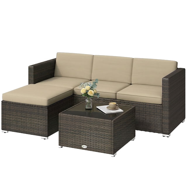 3 Piece Outdoor Patio Furniture Set, PE Rattan Wicker Conversation Corner Sofa, Ottoman and Glass Top Coffee Table with Cushions, Khaki, for Backyard, Garden, Poolside, Porch