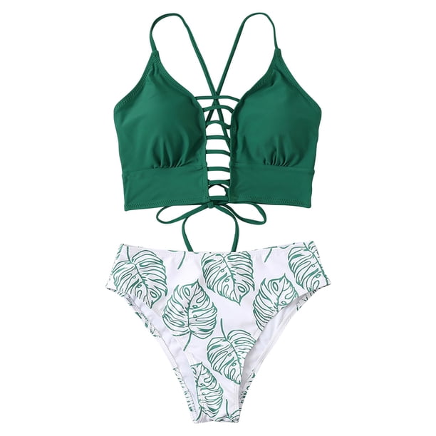 Gibobby Trajes de Baño para Mujer Traje de baño Bikini de triángulo dividido para mujer Conjunto de traje de baño de color sólido estampado(Verde,G)