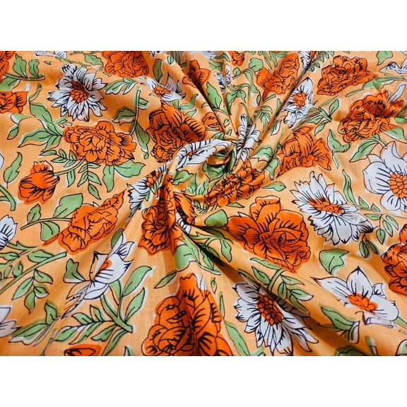 Indian Orange Cotton Fabric 5 Yard Floral Print Running Hand Block By Yard Craft