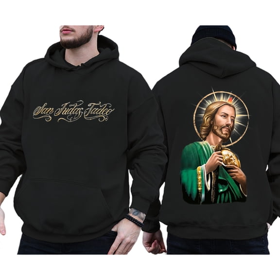 San Judas Tadeo Hoodie – Double Sided Saint Jude Graphic Pullover, Bendice y Protege Mi Familia Design, Mexican Catholic Faith Based Hoodie, Religious Gift for Men and Women
