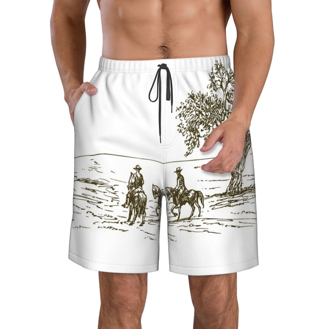 Fotbe Cowboys Riding A Horse Near A Tree Trajes de Baño Estampados para Hombre, Shorts de Verano de Secado Rápido, Ropa de Playa, Bañadores-X-Large