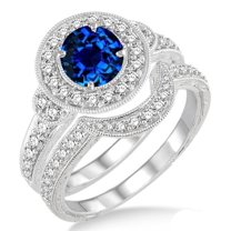 Art Deco 2.25 Carat Round Shape Blue Sapphire Antique Halo Bridal Set Moissanite Diamond Engagement Ring on 10k White Gold