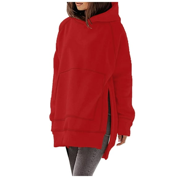 ABATAB Women's Hoodies Solid Color Oversized Hooded Sweatshirts Trendy Fleece Side Split Long Sleeve Tunic Pullover with Pockets(X-Large,Red 1)