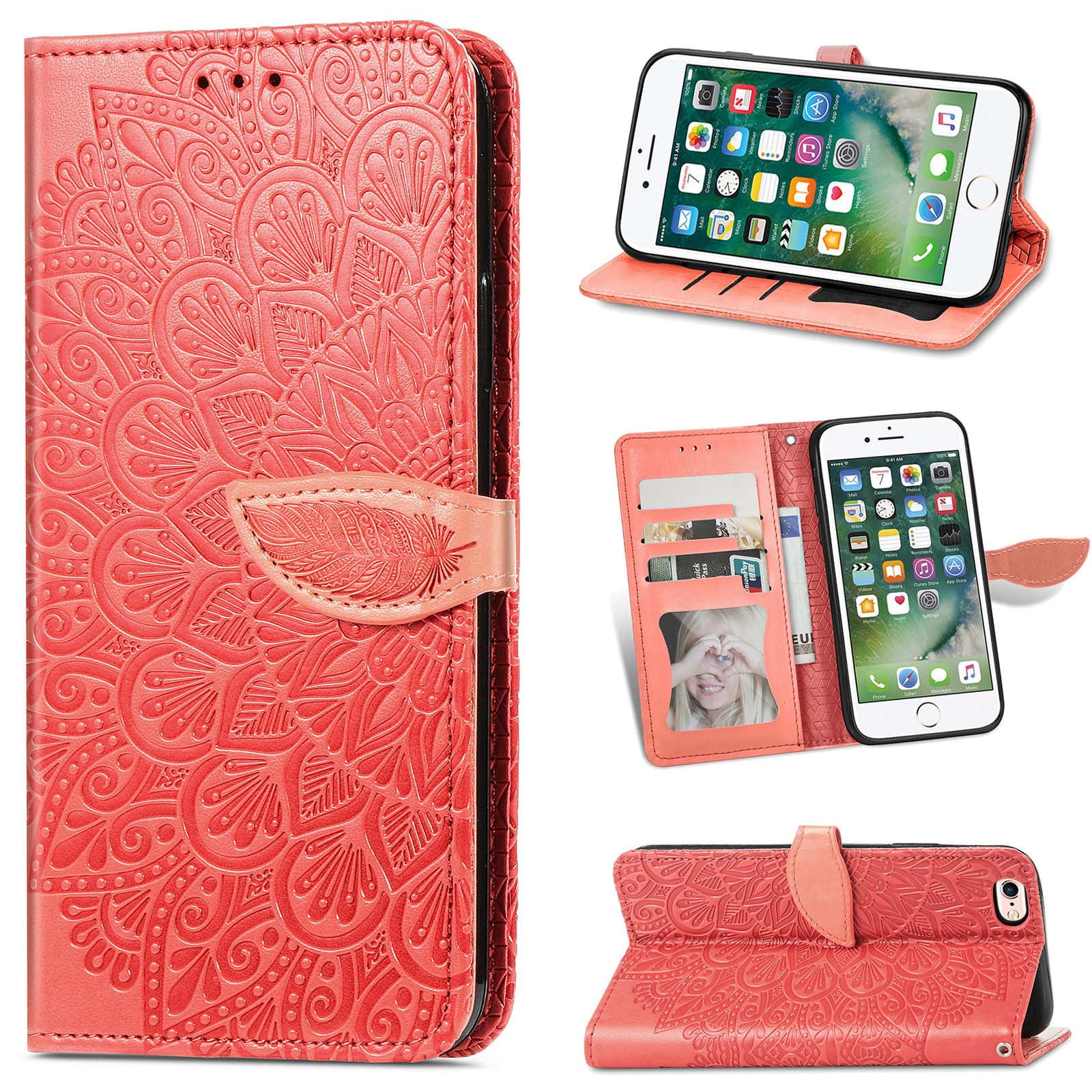 Allytech Case for iPhone 6 Plus/iPhone 6S Plus, Premium PU Leather Embossed Floral Magnetic Wallet TPU Back Cover with Card Slots Wristlet Purse Case for iPhone 6 Plus/6S Plus 5.5