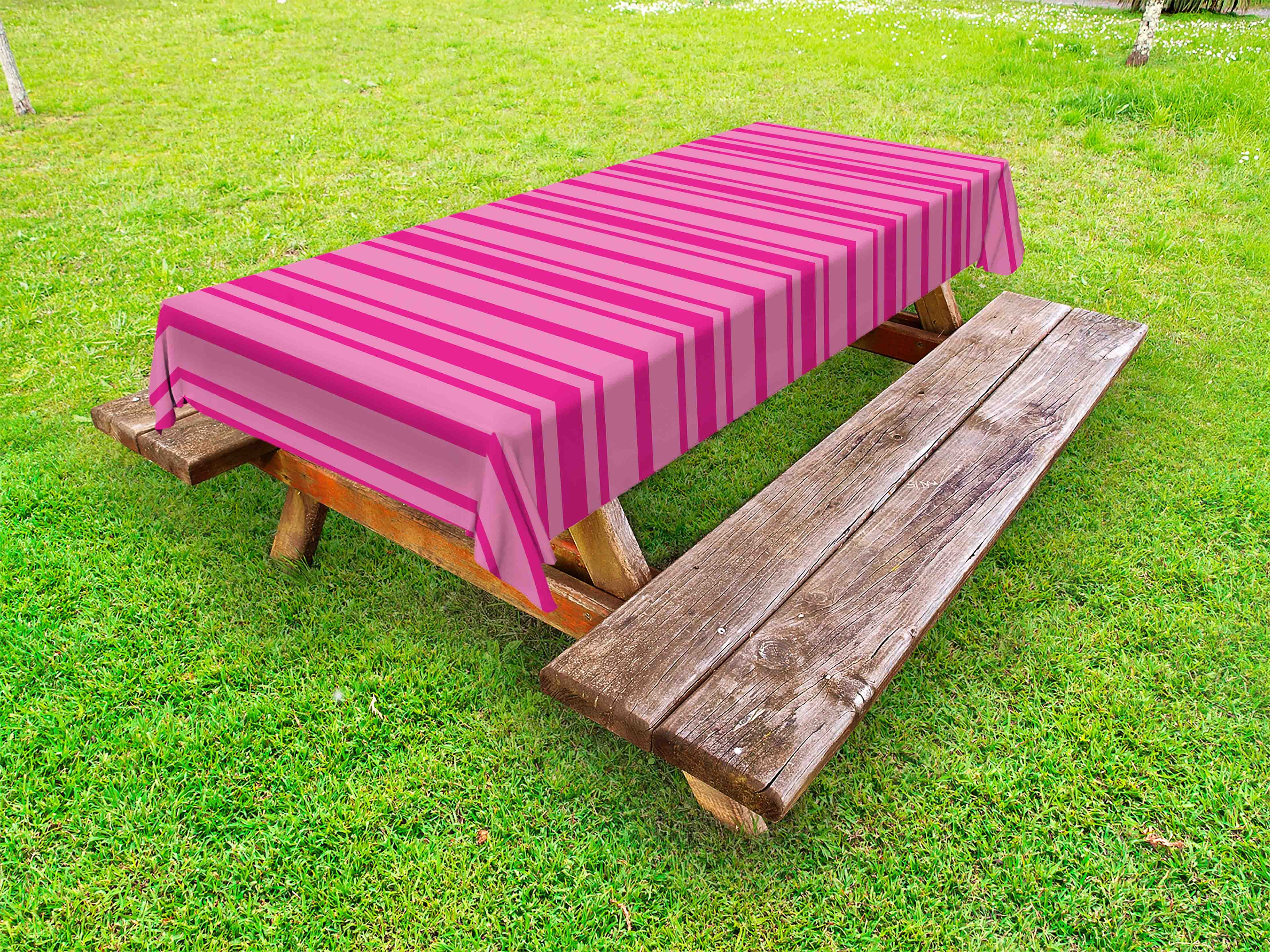 Hot Pink Outdoor Tablecloth, Horizontal Bold and Thin Stripes in Pink