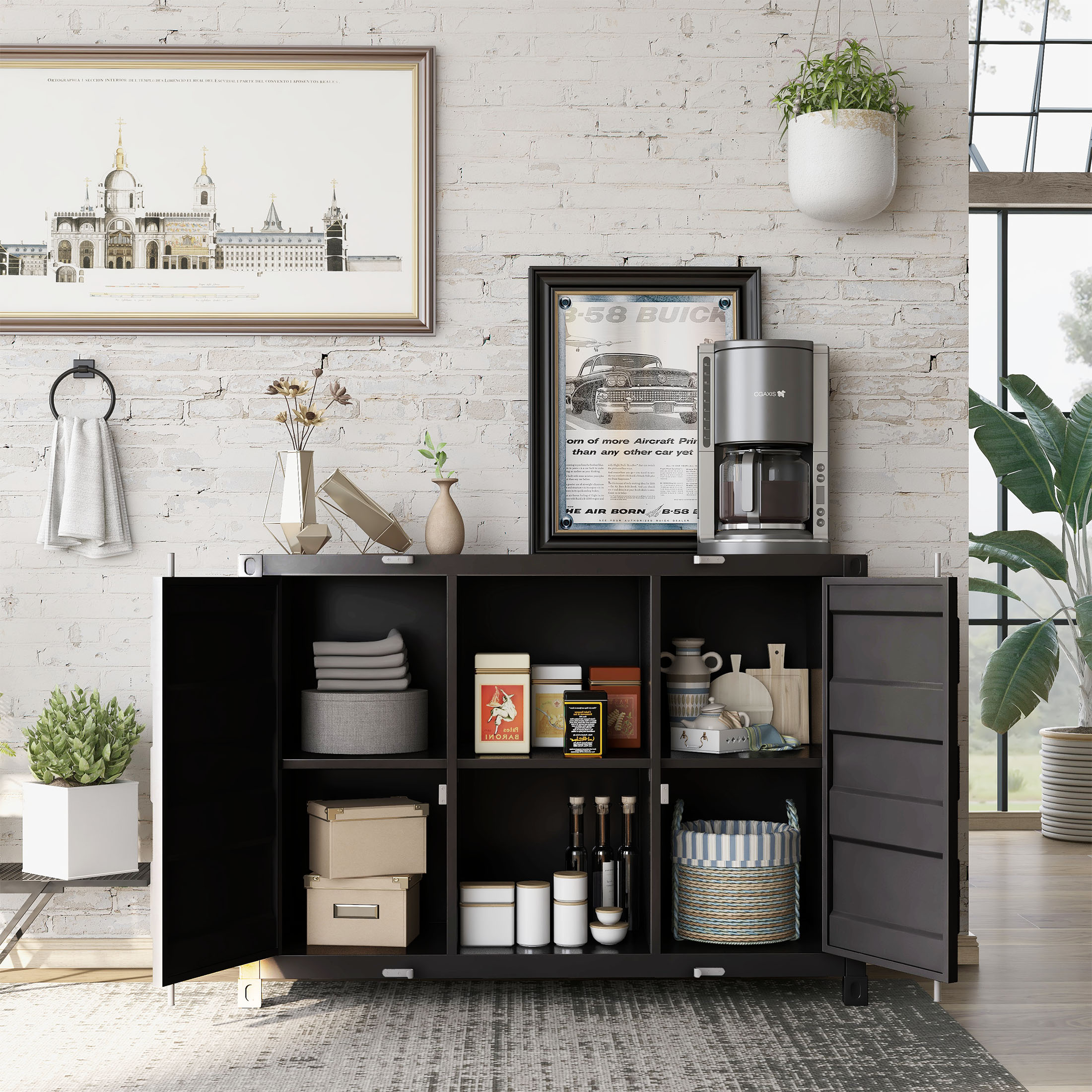 Furniture of America Button Metal 6-Shelf Console Table, Sand Black