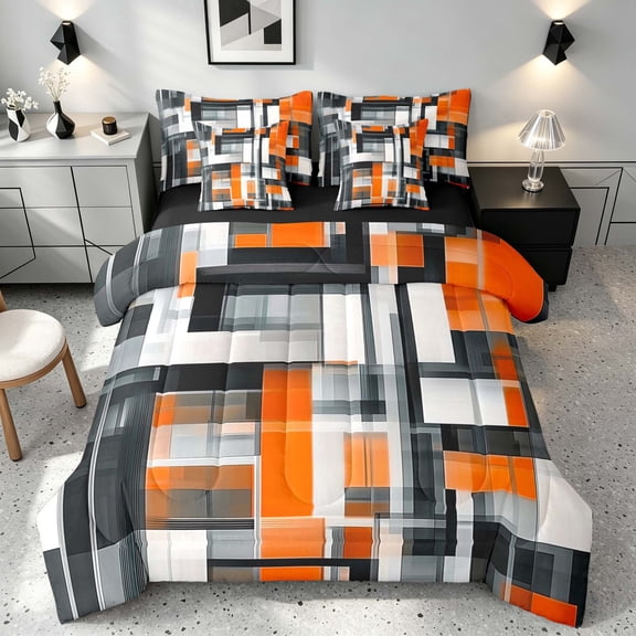Manfei Abstract Geometric Queen Bedding, Watercolor Artwork Bedding Comforter Set Queen, Orange, Black and White, Black Reversible 7-Piece
