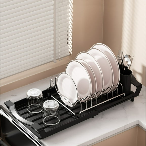 Dish Drying Rack, Extendable Dish Rack, Drying Rack Kitchen,Compact Dish Drainer,Utensil Holder, Cup Holder, Drying Rack for Kitchen Sink