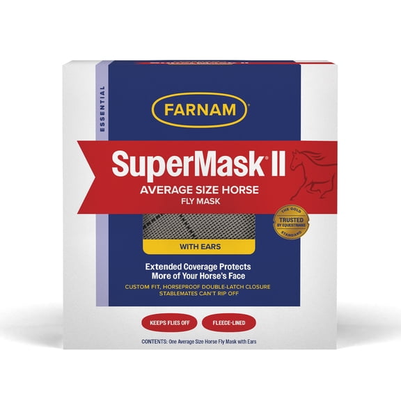 Farnam SuperMask II Horse Fly Mask With Ears, Protects Eyes from Flies, Debris & UV, Average Size