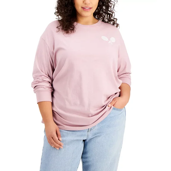 Rebellious One Womens Trendy Plus Size Manhattan Tennis Graphic Top, Mauve, 1X