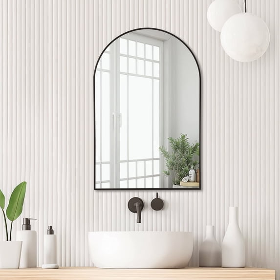 Neutypechic Arched Wall Mirror 36"x24" Bedroom Mirror Dressing Mirror Aluminum Alloy Frame,Black(Right Angle)
