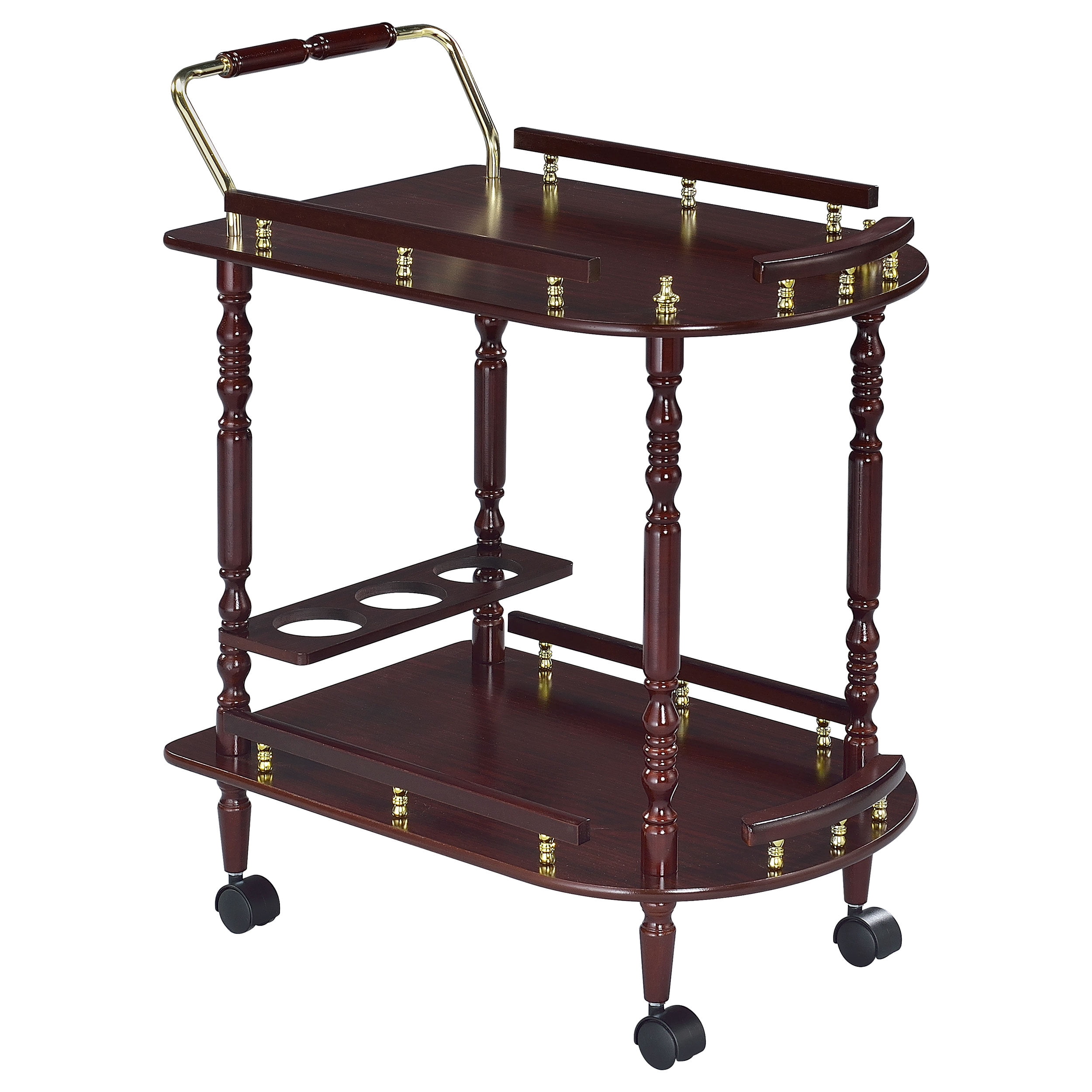 Serving Cart 31.25x24.75x15.75 Inch Merlot Finish Brass Accents with Bottle Holder for Dining Room Bar